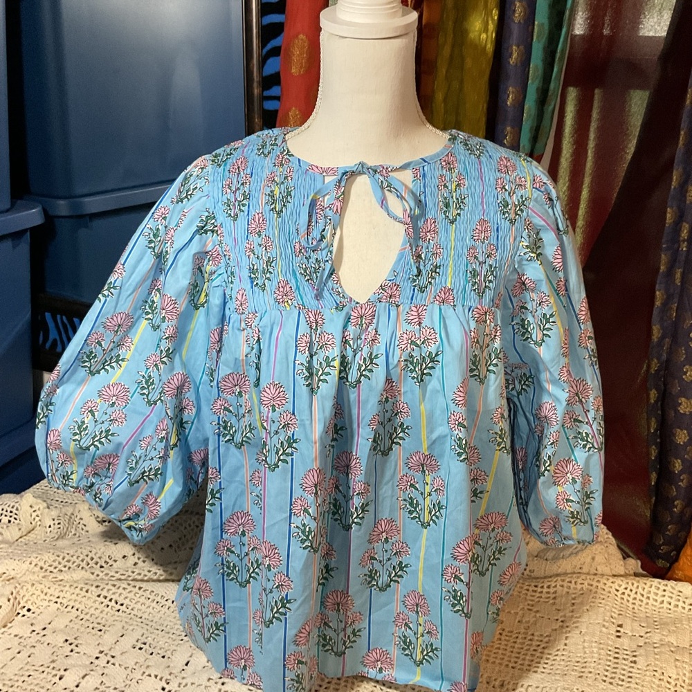 NWOT Boutique smocked babydoll top light blue floral XL